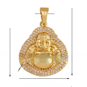 Detailed size chart of gold-plated Buddha pendant with dimensions and weight data