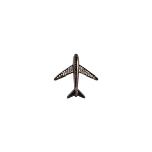 Detail of gunmetal aircraft engine brooch featuring wing-set zircons and gothic engraving