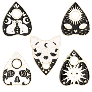 5-piece gothic enamel pin set featuring black cat, moon, and sun symbols on white background
