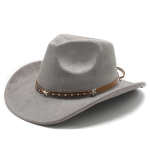 Detail of grey suede fedora hat with brown leather band and metal star studs