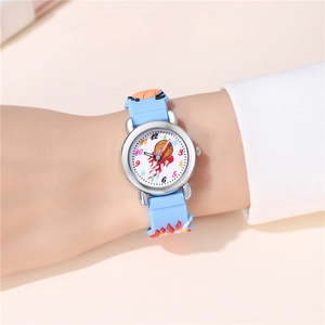 Close-up of blue silicone basketball watch for kids worn on a wrist with clear dial