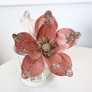 Champagne velvet artificial magnolia flower with golden glitter edges for Christmas tree decor