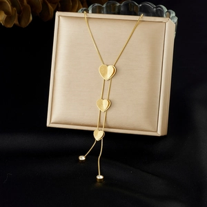 Stainless Steel Gold Plated Heart Pendant Y-Necklace Frosted Tassel Lariat Fashion Jewelry For Women Elegant