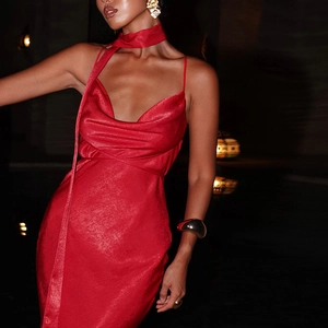 Satin Backless Maxi Dress Halter Cowl Neck Cross Straps Spaghetti Strap Slim Fit Evening Party Long Gown Solid Color