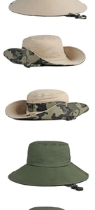 Détail d'un chapeau de soleil extérieur avec large bord, mentonnière réglable et bouton