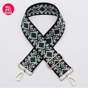 Detailed view of green and white geometric woven bag strap with golden metal hardware