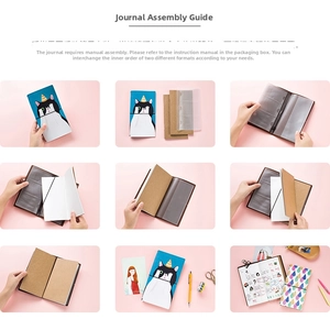 Detail showing the assembly steps for a cat-themed notebook with refillable paper inserts