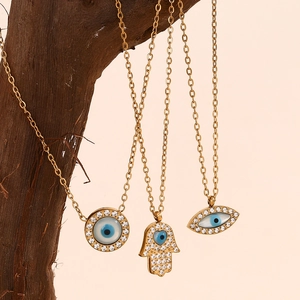 Colliers oeil maléfique en acier doré avec pendentifs main de Fatma sur branches