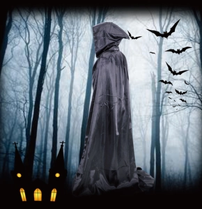 Close-up of a long black hooded cloak with silk-like sheen for Halloween costumes