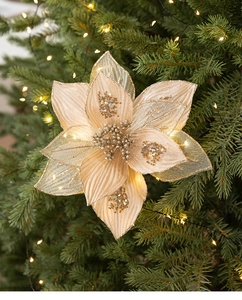 Champagne gold velvet mesh Christmas flower decoration with sequins and beads on a tree