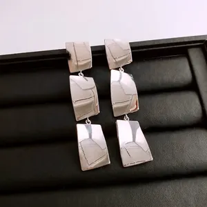 Polished silver geometric triple rectangle drop earrings for women in 18k gold plating