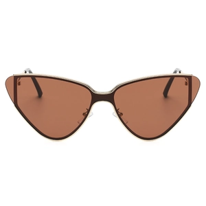 Fashionable oversized gold metal cat-eye sunglasses with brown tinted lenses and black tips