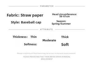 Detailed spec sheet for a straw baseball cap showing size 56-61cm and fabric texture