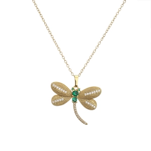 Gold dragonfly pendant necklace with green gemstones and sparkling cubic zirconia stones