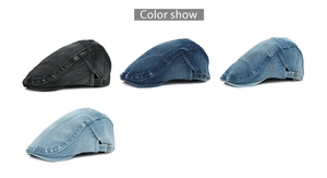 Detail view of denim beret hats in four washed colors with metal adjustable side buckles