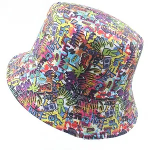 Detail view of the colorful street graffiti pattern on the cotton bucket hat fabric