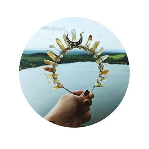Bohemian raw yellow crystal crown with bronze moon charm for creative party events