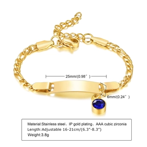 Detailed size specifications for gold stainless steel bar bracelet with blue birthstone