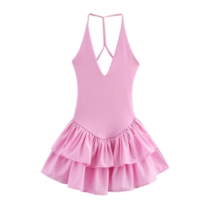 Pink balletcore backless mini dress with V-neck and ruffled hem in cherry blossom shade