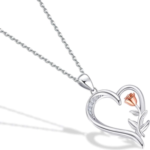 S925 sterling silver heart necklace with rose gold flower and sparkling cubic zirconia