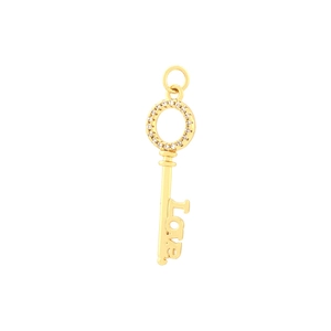 Detailed view of a gold key pendant featuring a cubic zirconia halo and Love lettering