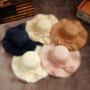 Women Woven Straw Sun Hat Wide Wavy Brim Elegant Satin Bow Lace Trim Breathable Summer Beach Vacation Hat