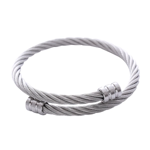 Silver stainless steel twisted cable open cuff bangle with decorative ring ends
