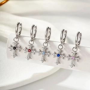 Vintage Cross Pendant Hoop Earrings Copper Micro Inlaid Colorful Zircon Gothic Punk Jewelry For Men Women
