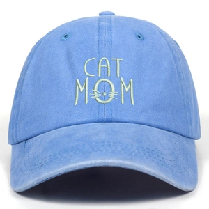 Washed light blue cotton baseball cap featuring CAT Mom embroidery and a cat face motif
