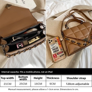 Internal view showing dimensions and capacity of the quilted chain crossbody bag