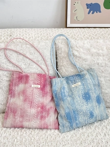 Women Tie-Dye Tote Bag Lace Embroidery Chiffon Jacquard Canvas Large Capacity Shoulder Shopping Bag Casual Vacation