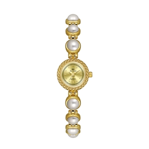 Elegant gold women's watch featuring a round dial and pearl chain bracelet band