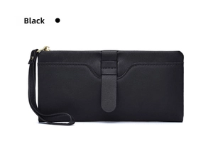 Black long wallet detail view, PU leather clutch purse with wrist strap and card slots.