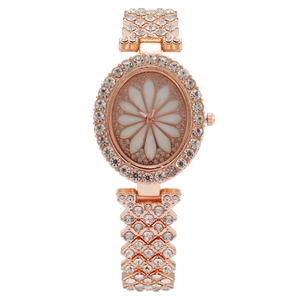 Elegant Women Quartz Watch Rhinestone Encrusted Floral Daisy Dial Metal Chain Bracelet Fashion Wristwatch