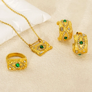 Evil Eye Jewelry Set 18K Gold Plated Stainless Steel Green Malachite Zircon Hammered Texture Retro French Style For Women