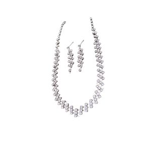 Sparkling silver rhinestone necklace and square earrings set on a clean white background