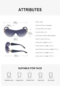Size guide for Y2K oversized rimless rhinestone sunglasses with detailed measurements