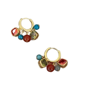 Bohemian gold hoop earrings with zircon, agate beads and colorful tassel charms