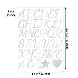 Detailed view showing 1-inch silver metallic alphabet stickers with dimensions