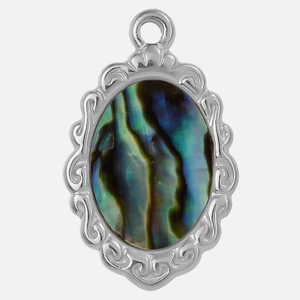 Detail of vintage 304 stainless steel necklace featuring iridescent oval abalone shell pendant