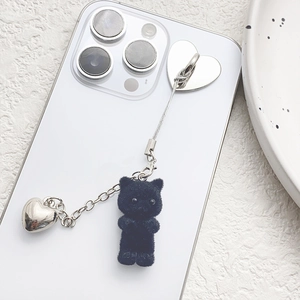 Y2K cute black flocked bear and silver heart charm pendant for bags and phones