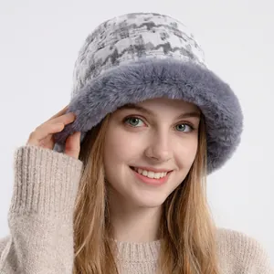 Winter faux fur bucket hat with grey checkerboard pattern and warm plush brim for women