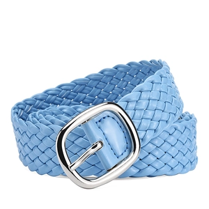 Elegant blue braided PU leather belt for women featuring a polished silver D-buckle