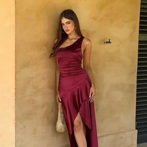 Elegant one-shoulder wine red satin maxi dress with waist pleats and high side slit