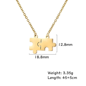 Golden stainless steel puzzle piece pendant necklace for couples with adjustable chain