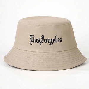 Khaki cotton bucket hat featuring black Los Angeles embroidery for outdoor sun protection