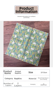 Macro detail of 33x33cm 2-ply floral paper napkins with rabbit and flower patterns
