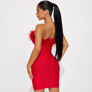Detail of red tube mini dress featuring feather fringe trim and a sleek back zipper closure