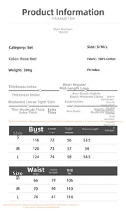 Detailed size chart for the rose red 100% cotton long sleeve shirt and shorts set
