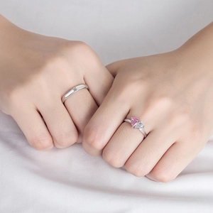 Romantic silver couples ring set with pink and white heart-shaped cubic zirconia stones